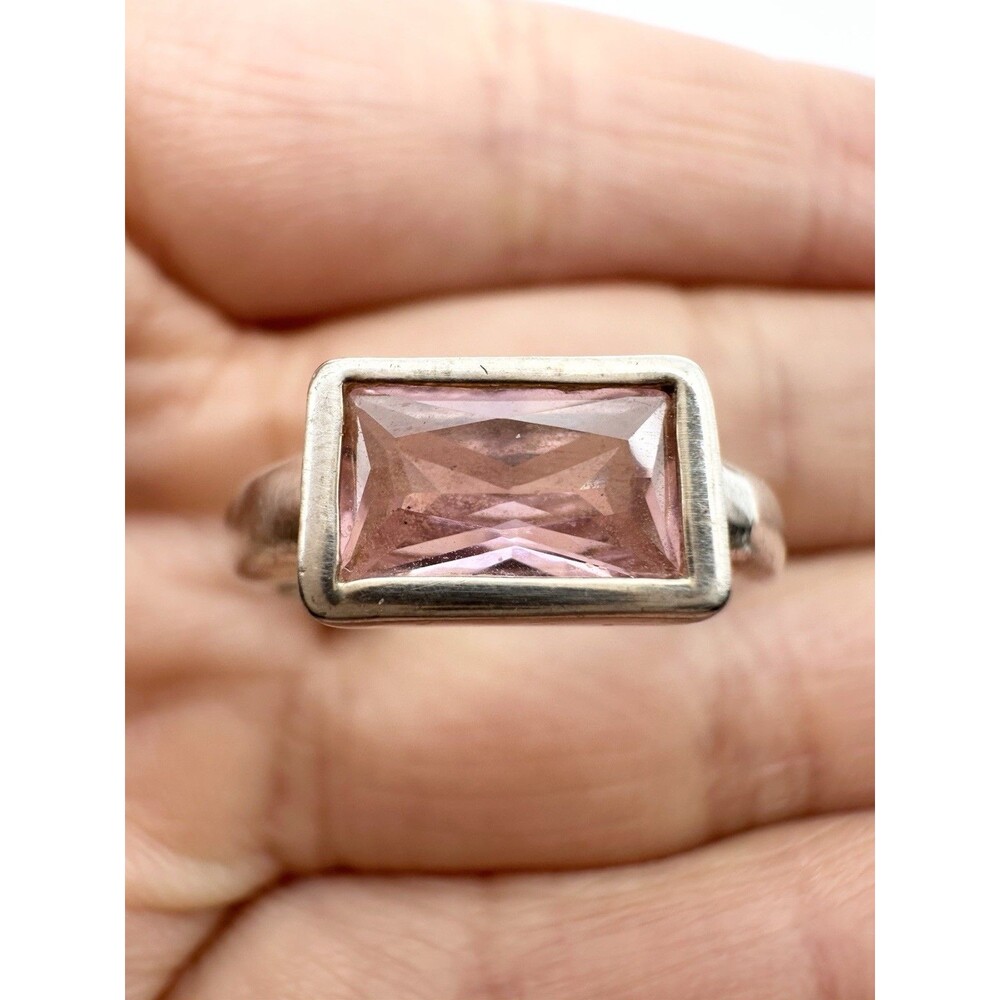 925 Sterling Silver Emerald Cut Pink Cocktail Ring Size 6